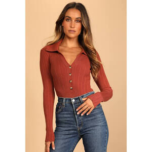 Lulus Timeless Design Rust Brown Ribbed Button-up Long Sleeve Bodysuit - Size S